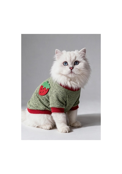 Çilek Tadında Kedi Sweatshirt Yeşil Kırmızı Sıcak Tutan Yumuşak Kedi Kıyafeti