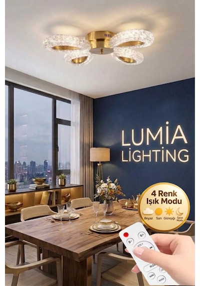 LumiaLighting Damla Model 4"lü Gold Kumandalı 3 Renk Modu Ledli Modern Plafonyer Salon Mutfak Çocuk Yatak Odası Led Avize