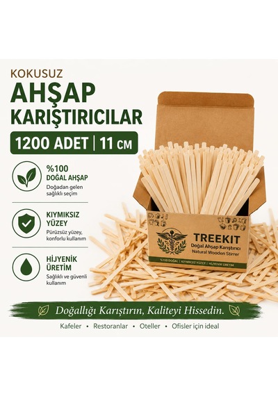 Ahşap Tahta Çay Kahve Karıştırıcı 11 Cm 1200 Adet %100 Doğal Açık Ahşap