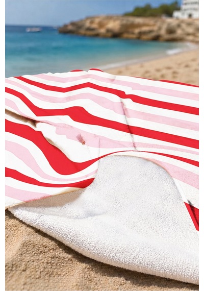 Çizgili Kırmızı Pembe Beyaz Plaj Havlusu - Modern Marine Stil Hızlı Kuruyan Mikrofiber Havlu Sessiz Köpüğü