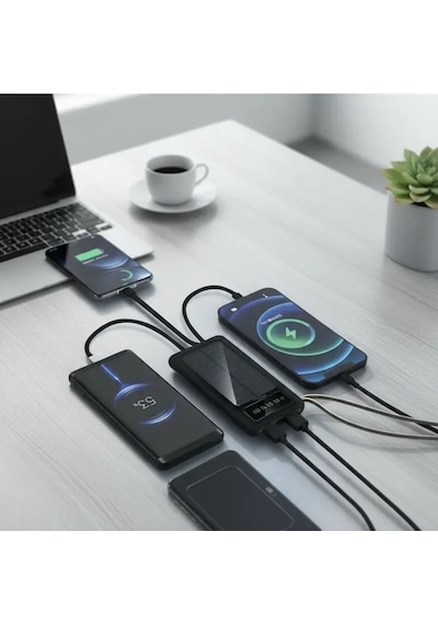 10000mah Güneş Enerjili Taşınabilir Şarj Cihazı - Çift Led Fenerli, Lcd , 2 Usb-c Powerbank