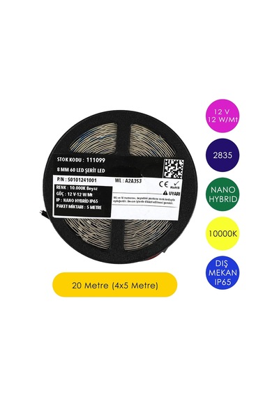 Ledronics Premium Samsung Çipli 12v Nano Hybrid Şerit Led - Dış Mekan Ip65 Su Geçirmez, 12w/mt 8mm 60 Led, 10000k - Beyaz, 20 Metre