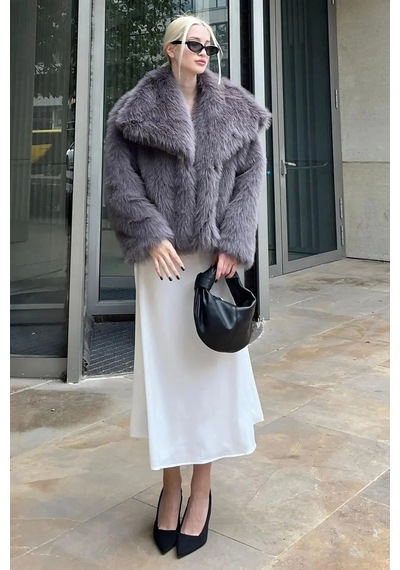 Tille Miss Dame Yumuşak Dokunuşlu Oversize Çıtçıtlı Antrasit Kürk Mont Gümüş Gümüş