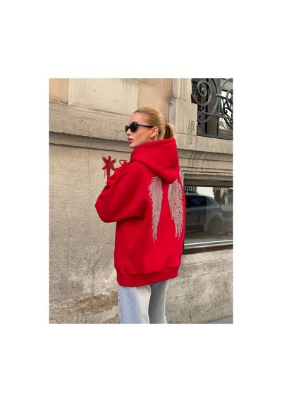 Zdnjeans Kadın Taşlı Kanat Baskılı Oversize Kapüşonlu Sweatshirt Kırmızı