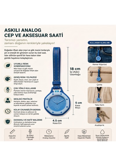 Piyatech Renkli Detaylı Askılı Cep Saati Hemşire Saati Çanta Ve Pantolon Aksesuarı Anahtarlık Unisex Sekizgen Saat Mavi