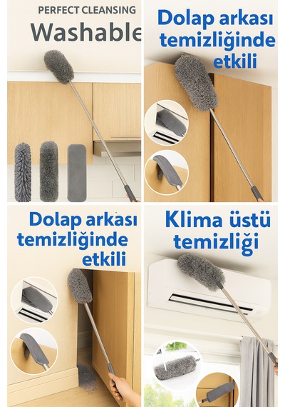 Nobera 3 Başlıklı Uzun Saplı Mikrofiber Temizlik Seti Yüksek Ve Dar Alanlar Için Ideal
