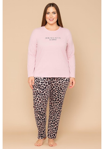 Pemilo Kadın 20751 Büyük Beden Uzun Kol % 100 Pamuk Milan Pijama Takımı Pudra Pudra
