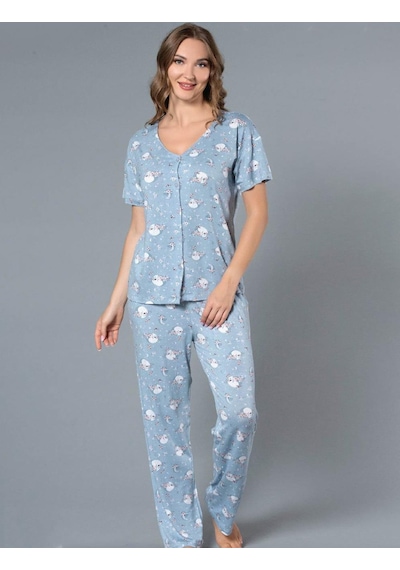 Boydan Düğmeli Gömlek Yazlık Kısa Kol Yakasız Pijama Takımı Dowry 08-115 Mavi