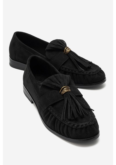 Luvi Shoes Marston Siyah Süet Püsküllü Kadın Loafer Ayakkabı