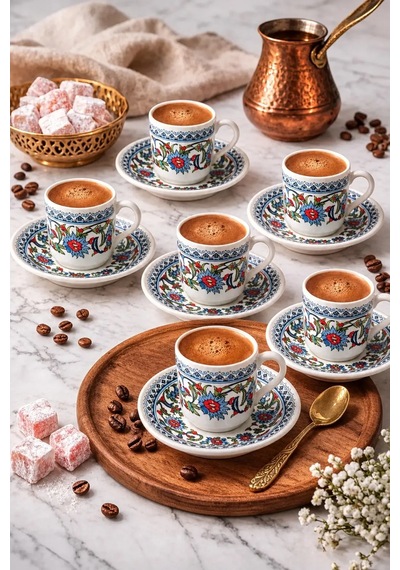 Topkapı 6 Lı Porselen Türk Kahve Fincan Takımı 12 Parça 5x5 Cm Hediyelik Set Mavi