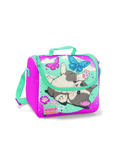 Coral High Pembe-Yeşil Kedi Baskılı Termoslu Beslenme Çantası - K