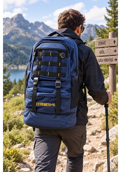 Dağcı Çantası Kolonlu Mavi Outdoor Trekking Sırt Çantası 57x37x19 Cm Desenli