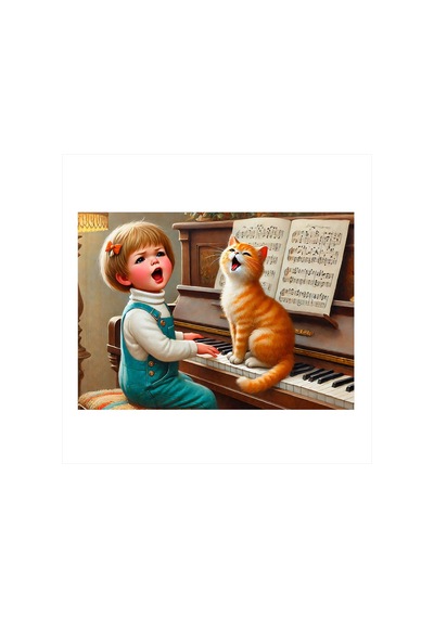Piyanist Kız Ve Kedi Modern Ahşap Tablo