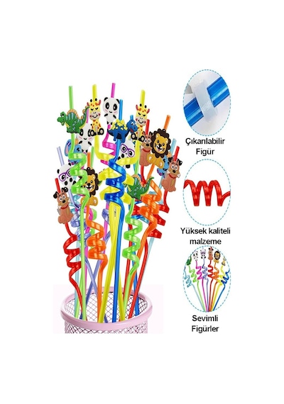 Figürlü Pipet 2 Adet Sevimli Renkli Kıvrımlı Pipet 26 Cm Ev Dekoratif Kokteyl Yıkanabilir Emoji Çocuklar İçin