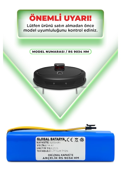 Arçelik Robo Rs 9034 Hm Uyumlu Batarya 5200mah