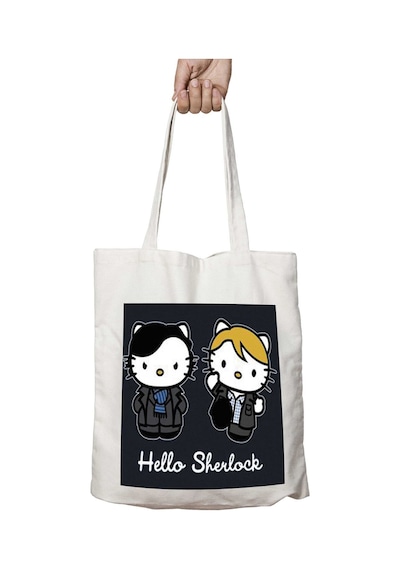 Art Hediye Hello Kitty Sherlock Holmes İki Tarafı Kalıcı Baskılı Yıkanabilir Okul Plaj Omuz Bez Çantası Çok Renkli