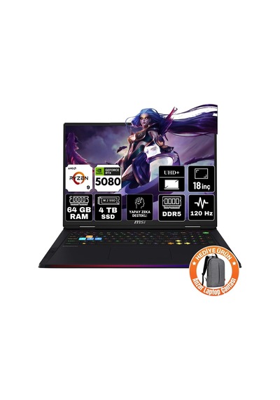 MSI Raıder A18 Hx A9wıg-092tr-a14 R9-9955HX3D 64 GB 4 TB SSD RTX5080 16 GB W11P Dizüstü Bilgisayar