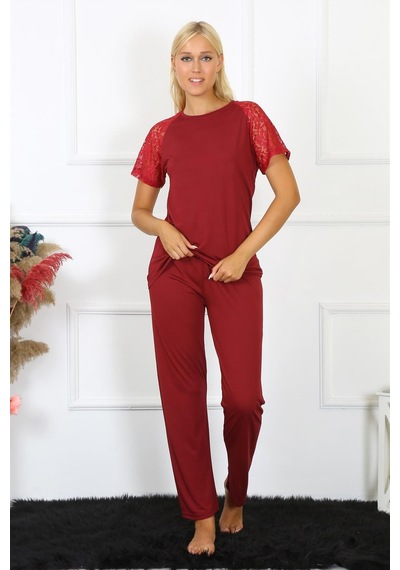 Akbeniz Kadın Kolu Dantelli Penye Pijama Takım 4152 - S Bordo