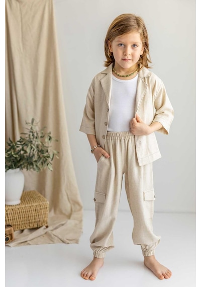 Oliven The Kid Oliventhekid Bej Keten Beli Ve Paçaları Lastikli Düğmeli Cep Detaylı Erkek Çocuk Pantolon Bej Bej