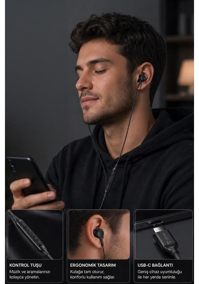 Premium Çağrı Gereci Müzik Dinleme Ses İletimi Kablolu Kulaklık Type-c S11+ Siyah S11+