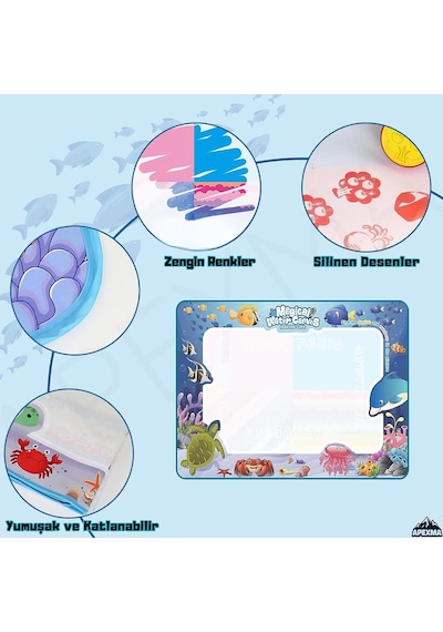 Deniz Hayvanları Temalı Sulu Sihirli Boyama Halısı - Özel Sulu Kalem Ile Water Painting Su Matı Genel
