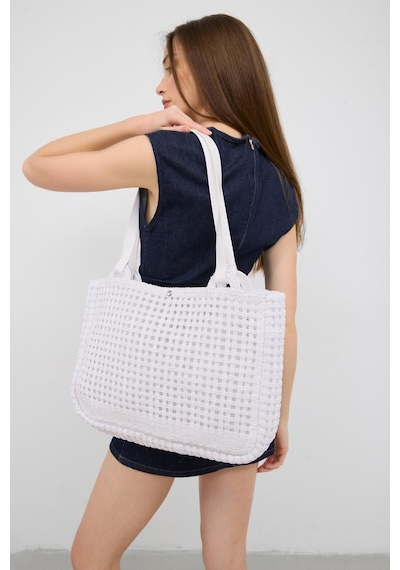 Shule Bags Fabri Big Size Makrome Omuz Çantası Beyaz Beyaz