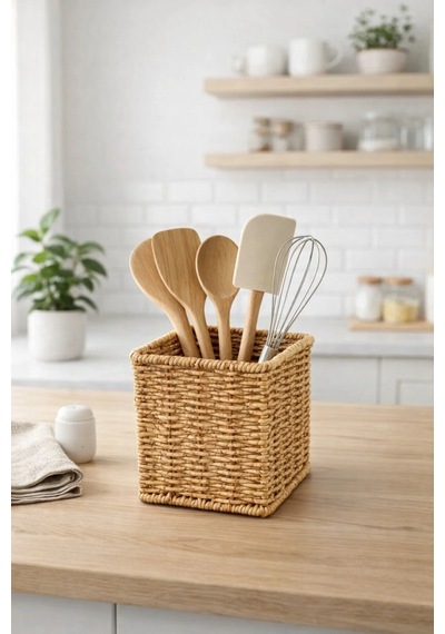 Hasır Rattan Kaşıklık Organizer Masa Tezgah Üstü Kare 11cm Açık Kahverengi