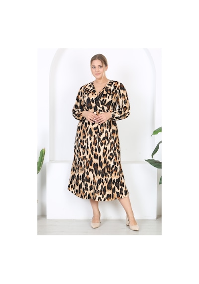 Mooi Xxl Kadın Leopar Desen Kruvaze Yaka Balon Kol Maxi Boy Bürümcük Elbise Leopar