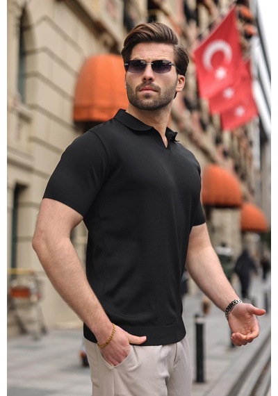 Madmext Siyah Polo Yaka Triko Kısa Kollu Erkek Tişört E7463 Siyah