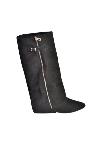 Fox Shoes V380526402 Siyah Süet Düz Taban Fermuar Detaylı Kadın Çizme Siyah