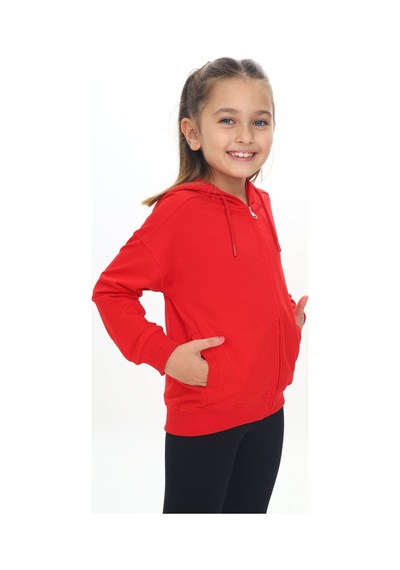 Toontoy Kız Çocuk Kapüşonlu Fermuarlı Cepli Düşük Omuz Örme Hırka - 2 İplik Kırmızı