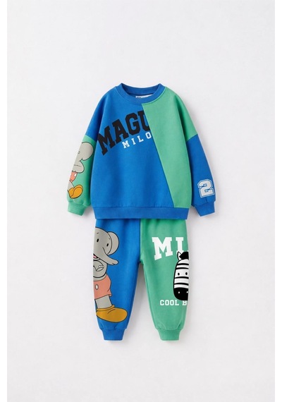 Çocuk Magu Ve Milo Baskılı Mavi Yeşil Sweatshirt Ve Eşofman Altı Takımı Çok Renkli