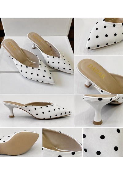 Dabab Shoes Sevılla Puantiye Desenli Beyaz Saten Sivri Burunlu 5 Cm İnce Topuklu Mule Terlik