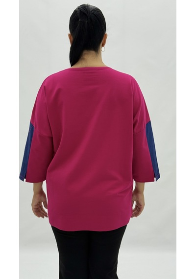 Büyük Beden Viskon Taşlı Cepli Kapri Kol Oversize Kadın Sweat Kırmızı