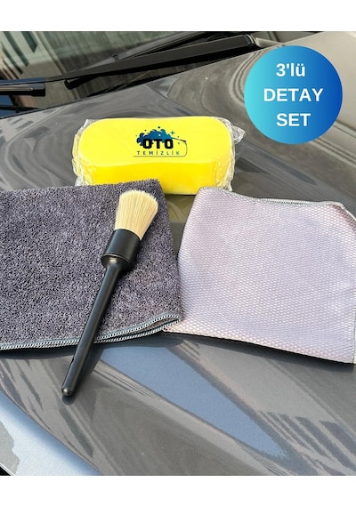Tr 3'lü Oto Detay Seti - Araba Detay Fırçası, Mikrofiber Araba Kurulama Bezi, Cam Bezi + Sünger Hediye