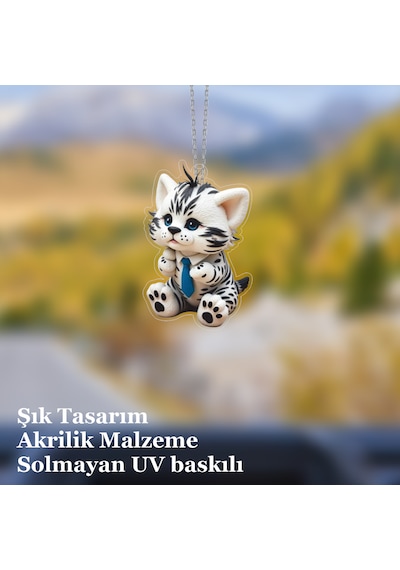 Araba Ayna Süsü, Araba Süsü, Çanta Aksesuarı - Sevimli Kedi - Pleksi Malzeme, Uv Baskılı - 005 8x6 Cm