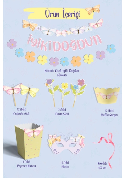 Kelebek Ve Çiçekler Temalı Doğum Günü Konsepti Süsleme Seti , Cupcake Süsü Flama Etiket Dijital Baskı