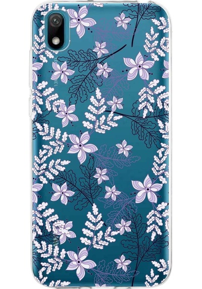 Huawei Y5 2019 Uyumlu Kapak Floral Lila Tasarımlı Şeffaf Silikon Kılıf