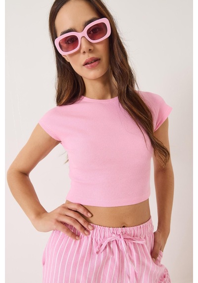 Shade Kadın Bisiklet Yaka Kısa Kollu Basic Kaşkorse Crop Top T-shirt 60602044 - Pembe