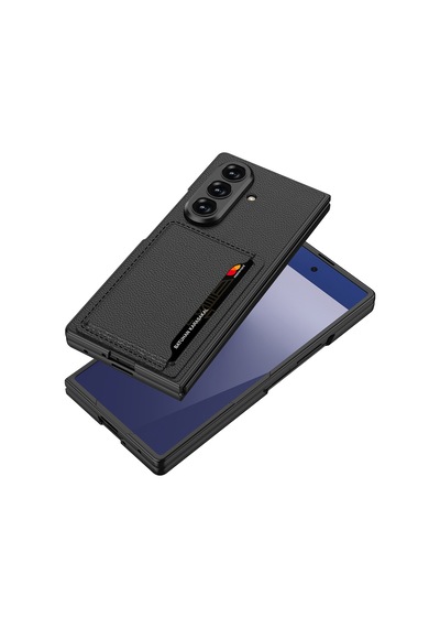 Galaxy Z Fold 7 Suni Deri Arka Yüzey Hesaplı Dünya Kartlıklı Kıpta Silikon Kılıf Siyah