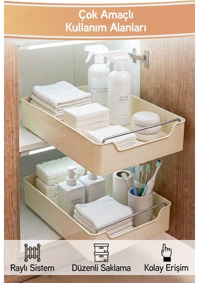 2'li Kendinden Bantlı Sürgülü Raylı Çok Amaçlı Dolap İçi Organizer Banyo Mutfak Düzenleyici 26x34 Cm Krem