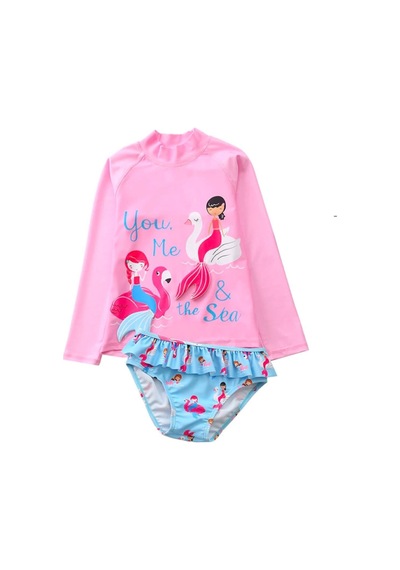 Uzun Kollu Mermaid Denizkizi Aplike Uv Korumali Pembe Mavi Kız Çocuk Mayo 3-5 Yas Pembe