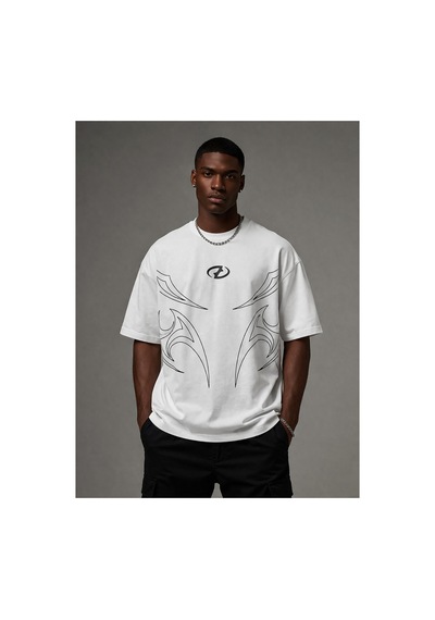 Yolo Street Oversize Siyah Beyaz Erkek Tişört Beyaz Tribal Baskılı %100 Pamuk Modern Streetwear Beyaz