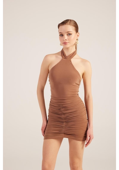 Holly Lolly Halter Yaka Büzgülü Mini Perla Elbise Kahve