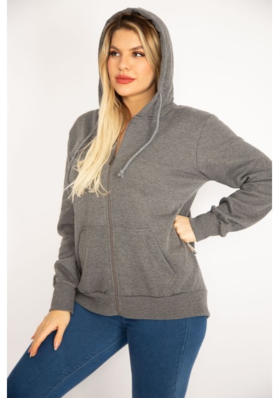 Şans Kadın Gri Sırtı Çift Fermuar ve Çıtçıt Düğme ve Ön Fermuarlı İçi Şardonlu Sweatshirt 65n35069-gri Gri