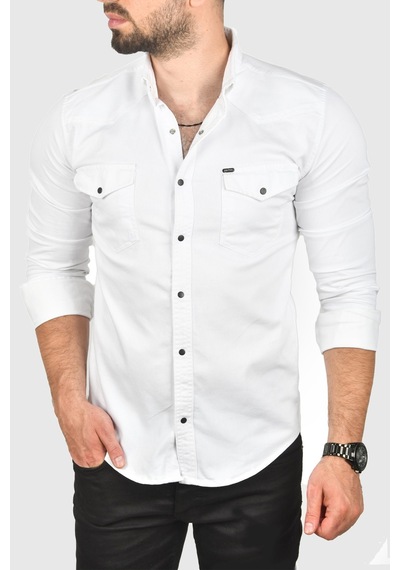 Deepsea Erkek Beyaz Slim Fit Pamuklu Cepli Kot Gömlek Çıtçıtlı Uzun Kollu Spor Gömlek 2502503 Beyaz