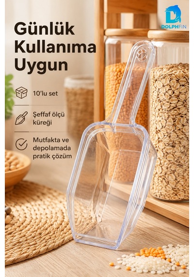 Şeffaf Ölçek Küreği 10 Lu Set Uzun Saplı Erzak Ve Kuru Gıda Aktarma Küreği
