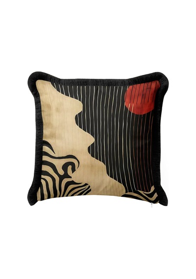 Modern Soyut Zebra Motifli Saçaklı Yastık Kılıfı - Sanatsal Safari Bej Siyah Püsküllü Kırlent Kılıfı Derin Kanyon Halo