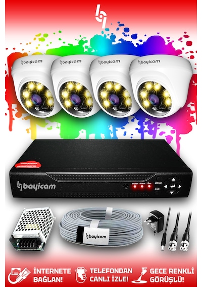 Bayicam 4 Kameralı Dome 4 İç Kamera Set HDD'siz Full HD Renkli Gece Görüşlü Güvenlik Kamerası Sistemi