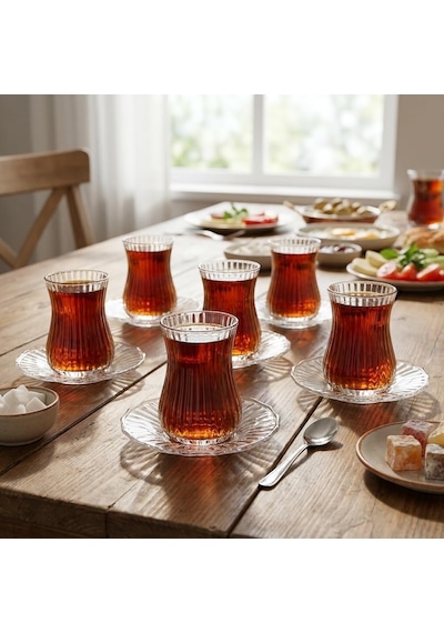 12 Parça Çay Seti - 6 Adet Fitil Desenli Cam Çay Bardağı Ve 6 Adet Cam Çay Tabağı - Isıya Dayanıklı Çay Takımı çok renkli